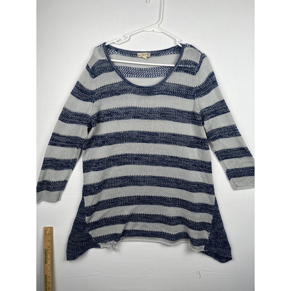 Live and Let Live Sweater Womens 2X Striped Open Knit Sharkbite Hem Blue Grey